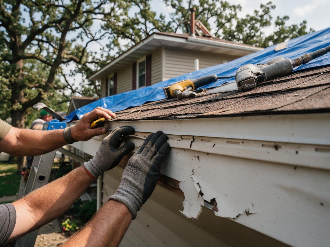 Gloved hands prying damaged white siding under a roof edge covered by a blue tarp, with tools on the shingles, in Marion, IA