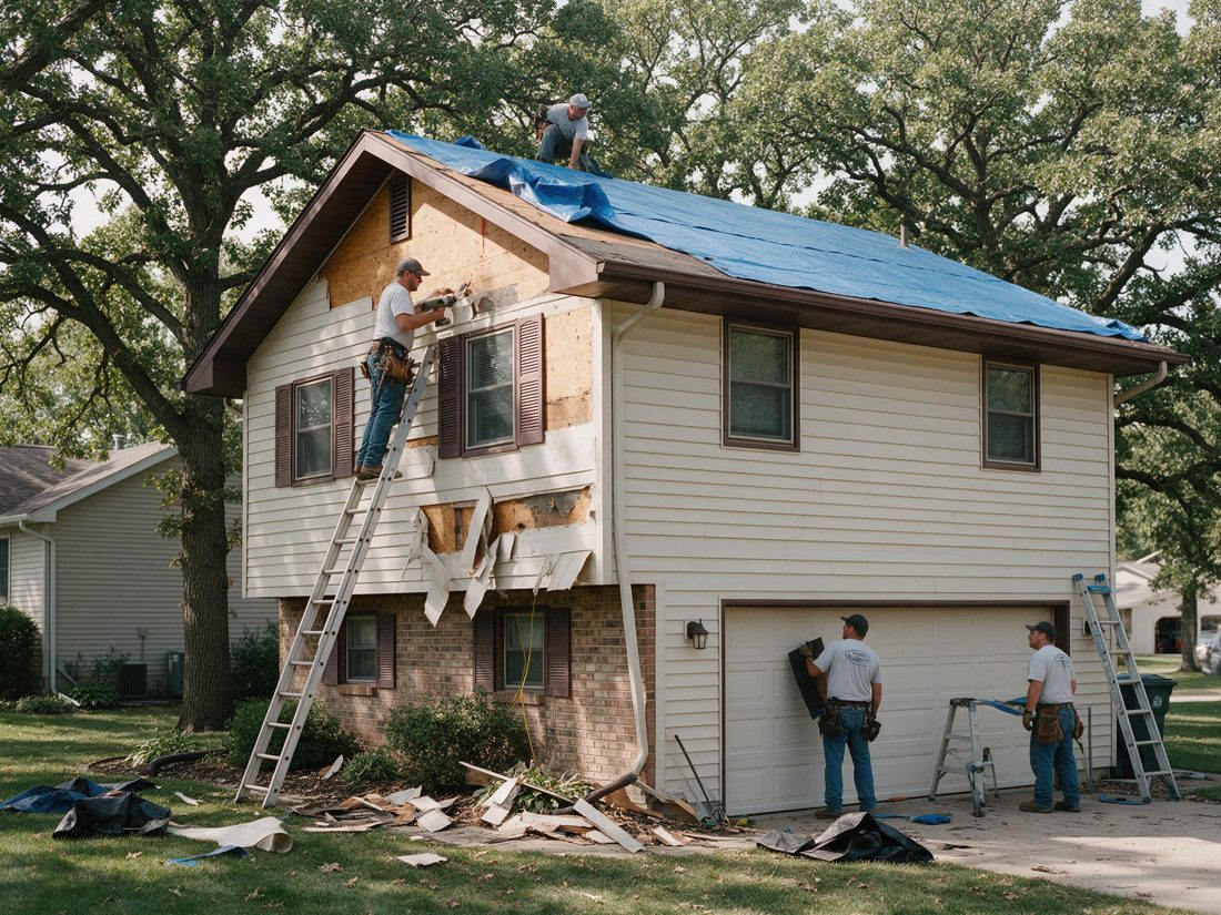 Worker on a ladder removing damaged siding from a house with a blue-tarped roof while workers stand in the driveway near debris, in Marion, IA