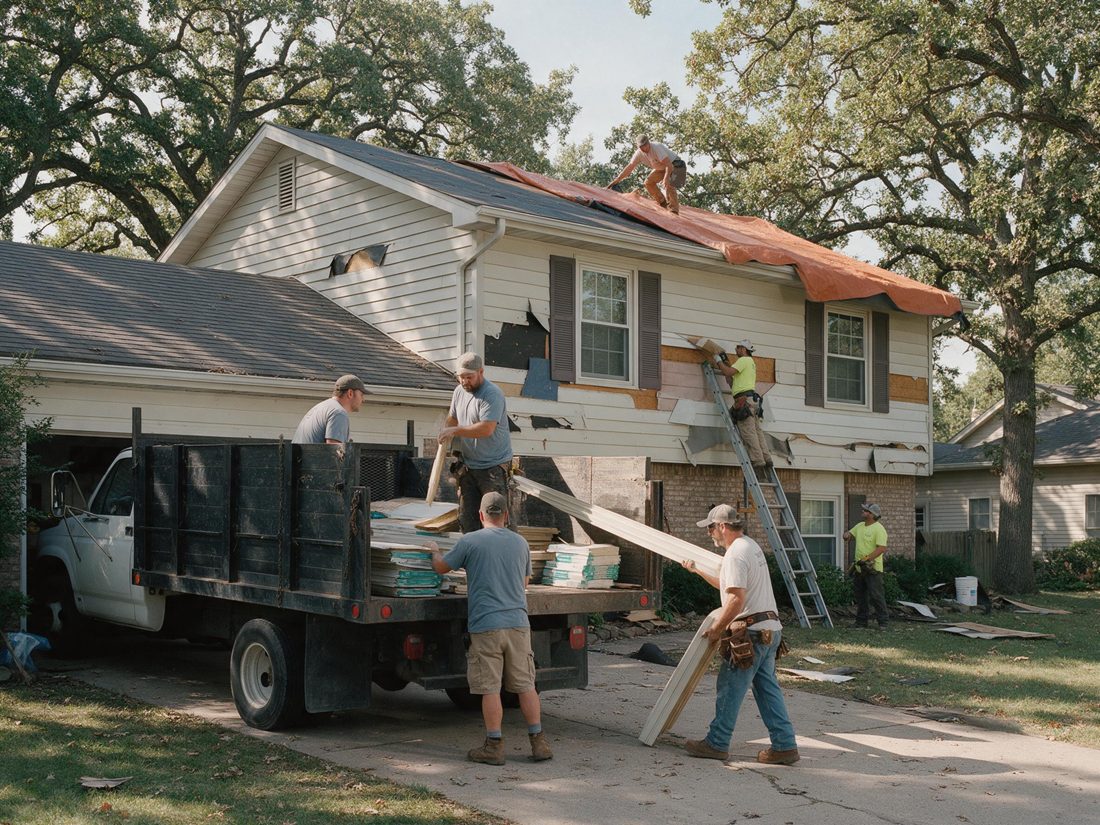 Workers unloading siding and lumber from a dump truck in the driveway of a house with a damaged roof, in Marion, IA