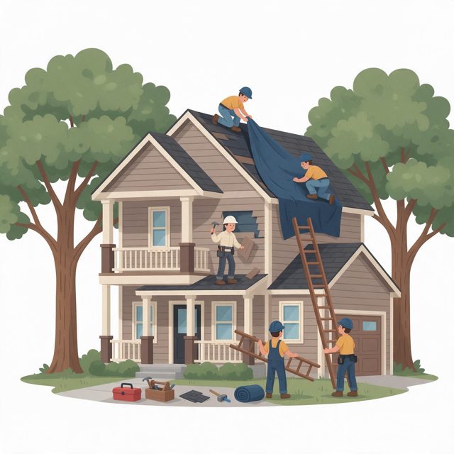 Illustration of workers on ladders and the roof laying a blue tarp over a two-story house between two trees, for a home in Marion, IA